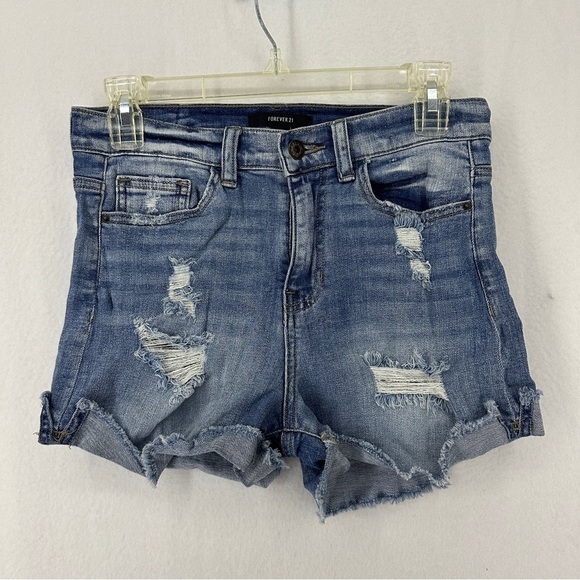 Forever 21 High Waisted Distressed Jean Shorts Womans 27 Medium Wash - Picture 1 of 13